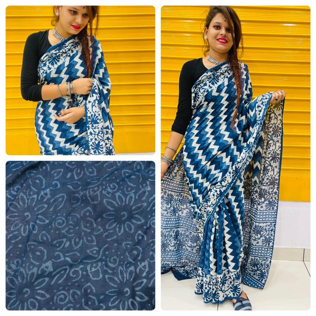 Indigo blue cotton saree With blouse collection