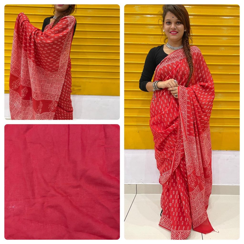 Red daily wear cotton sarees with blouse
