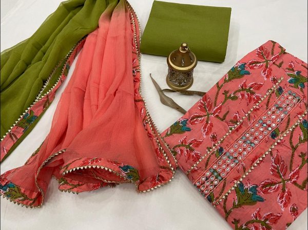 Pink and green floral print gota work suits With chiffon dupatta online india