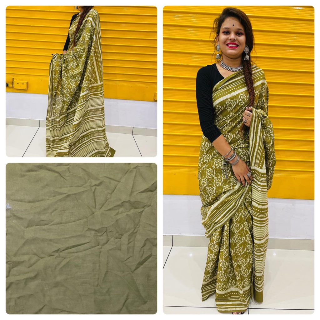 Olive daily wear cotton saree With blouse online