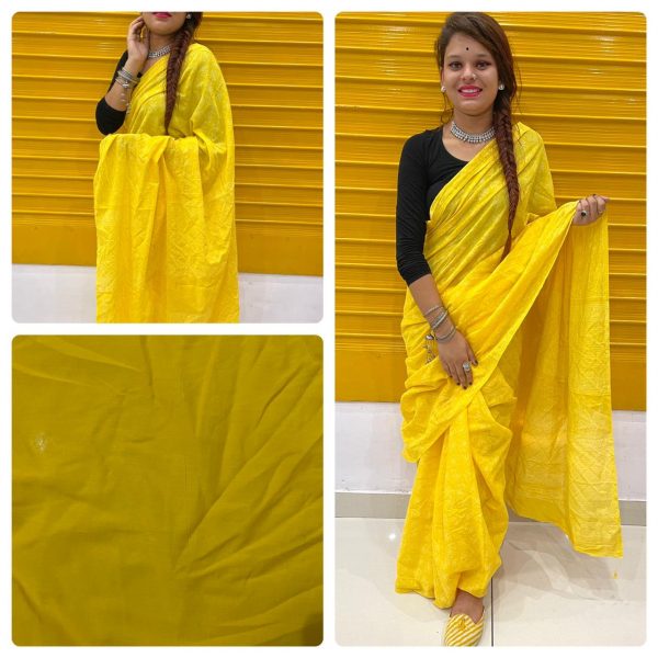 Yellow cotton mulmul saree online