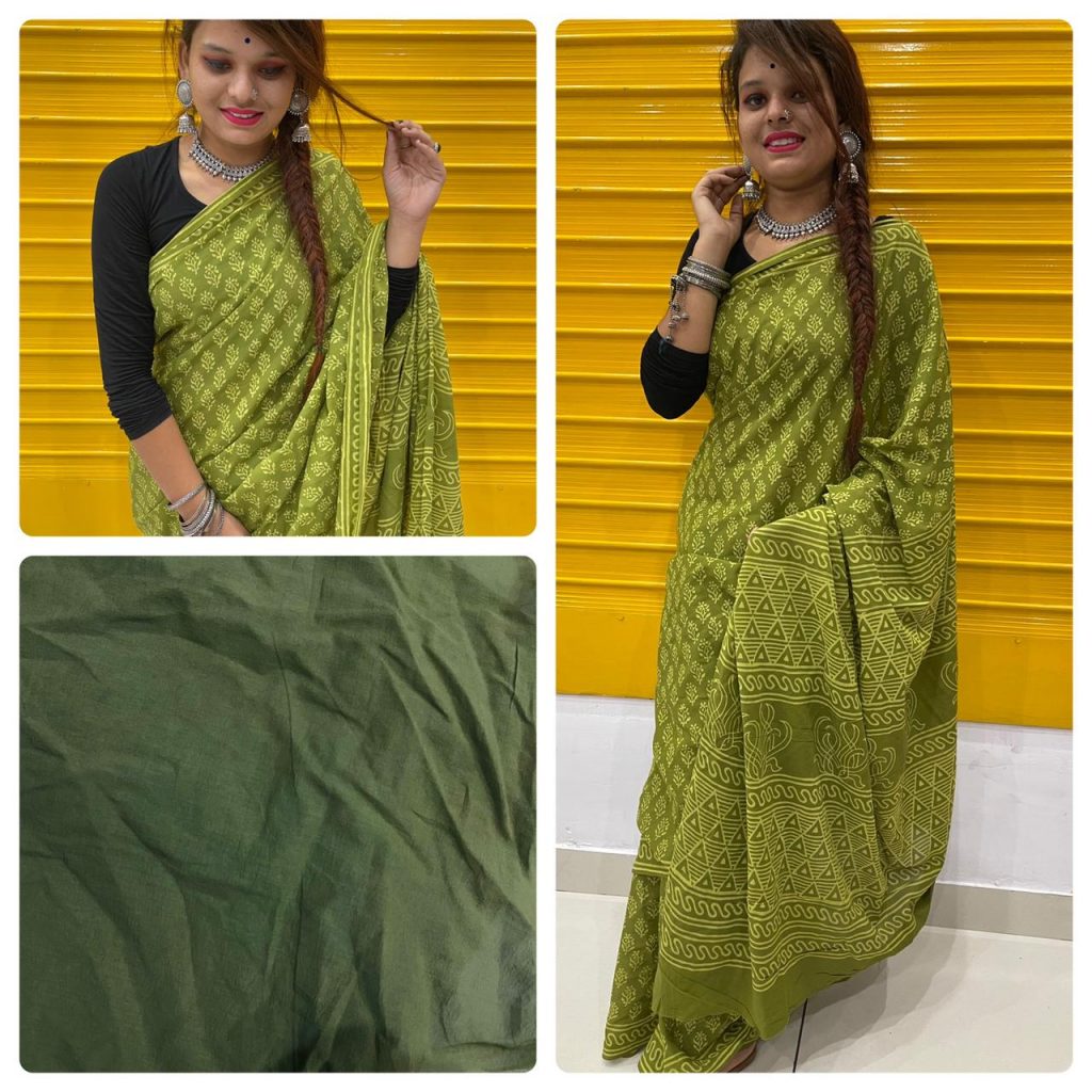 Green cotton saree With blouse collection