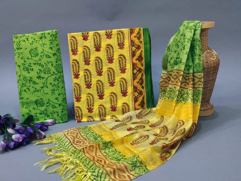 Yellow and Green cotton suit with heavy dupatta
