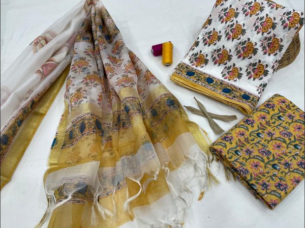 Goldenrod amber And White cotton suit with heavy dupatta