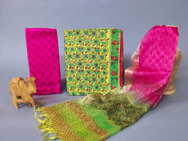 magenta and Green cotton suit with organza dupatta
