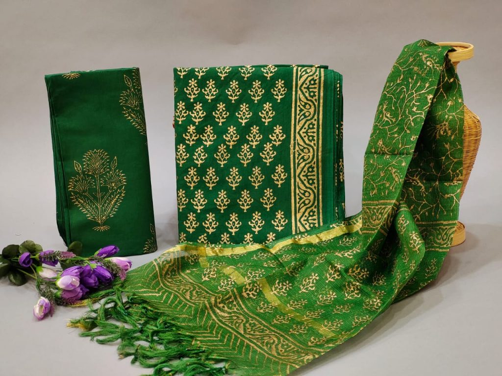 Sap Green cotton jacquard suit with dupatta