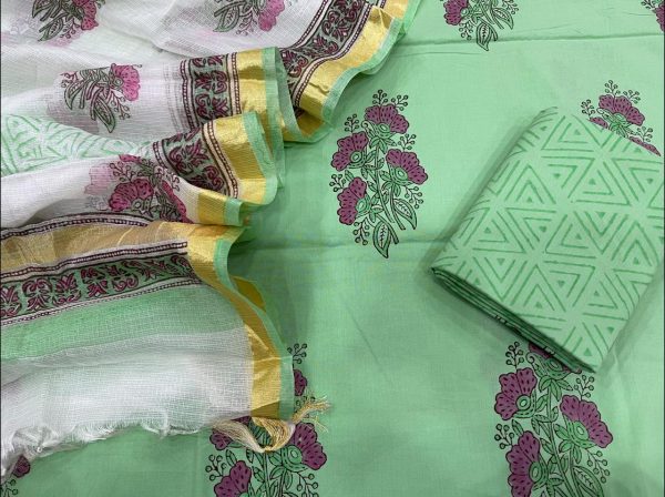 Moss Green And white cotton Salwar suit with kota silk dupatta