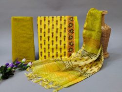 Yellow cotton suit with kota silk dupatta