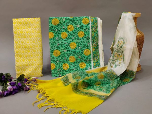 Green and Yellow cotton suit with kota silk dupatta