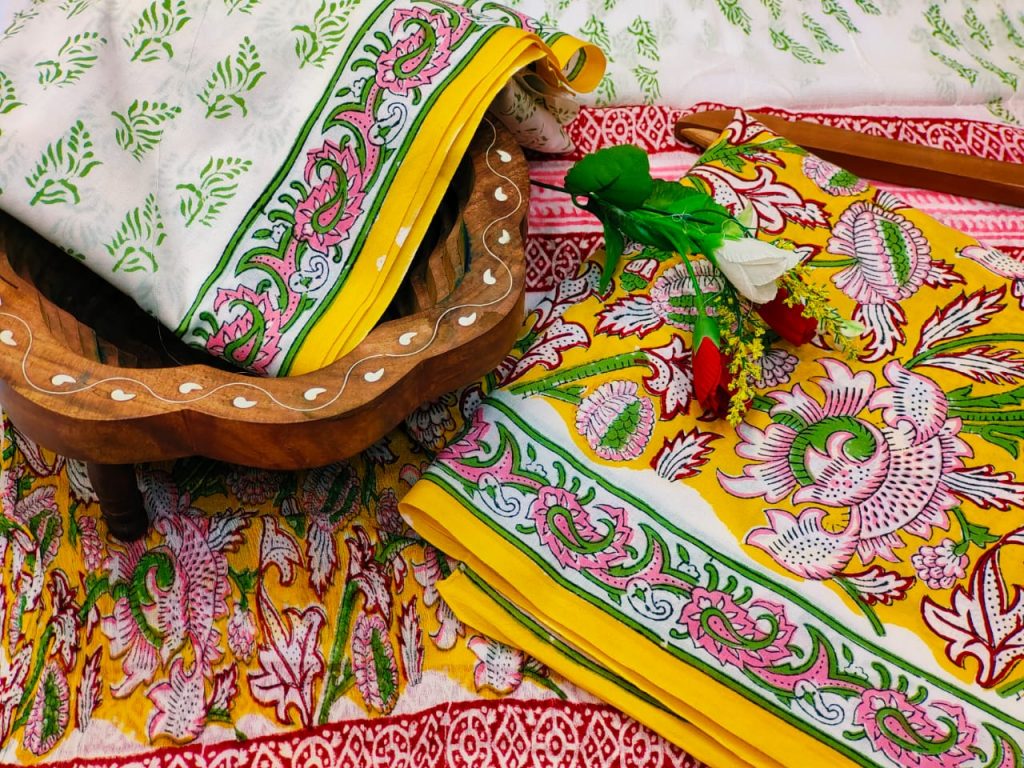 Amber and white floral print jaipuri cotton suits with chiffon dupatta