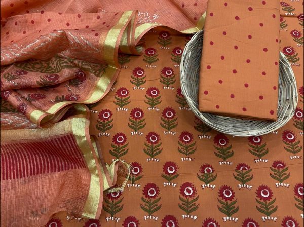 Medium Apricot cotton suit with kota silk dupatta set