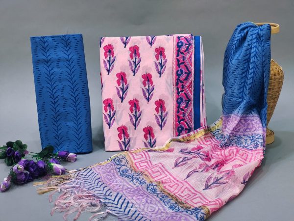 Pink and Azure cotton suit with heavy dupatta