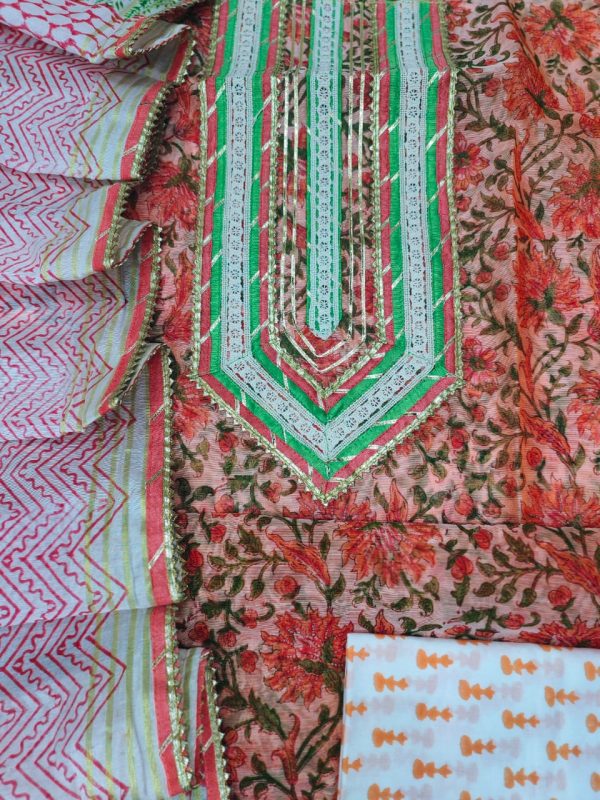 Dark Salmon embroidery cotton suit with Chanderi cotton dupatta