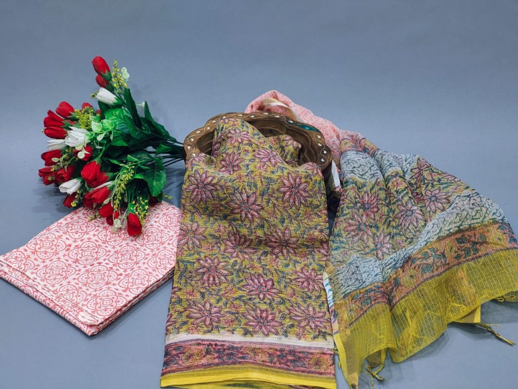 Amber and pink floral print kota doria dress material online