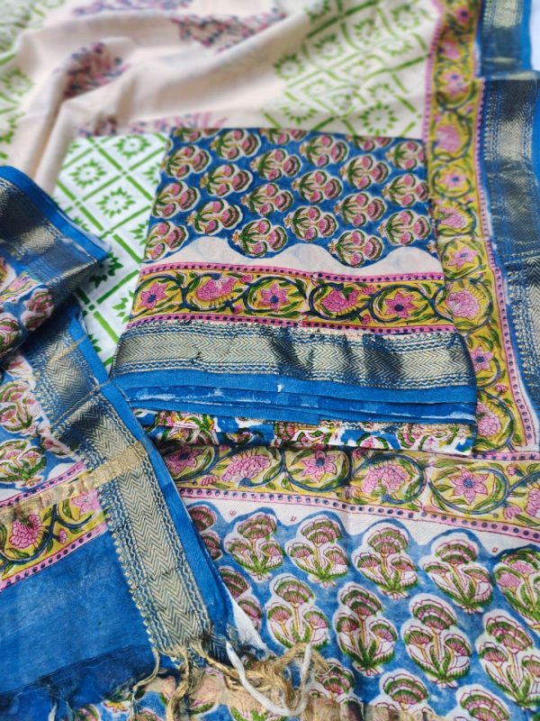 Blue floral print maheshwari silk suit set with cotton pajama