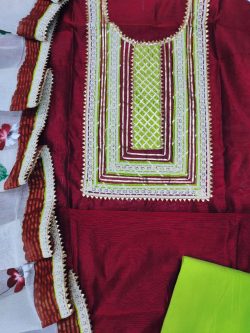 Burgundy embroidery designs salwar kameez with Chanderi cotton dupatta