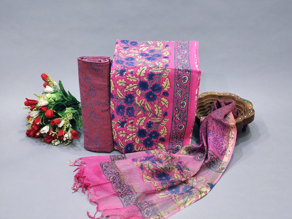 Pink floral print designer suits for office wear kota doria dupatta