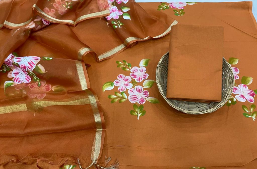 Burnt Orange cotton salwar suit with kota silk dupatta