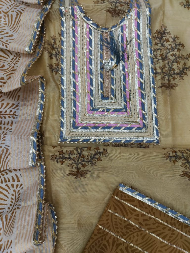 Cream Champagne  embroidery cotton suit with  Chanderi cotton dupatta