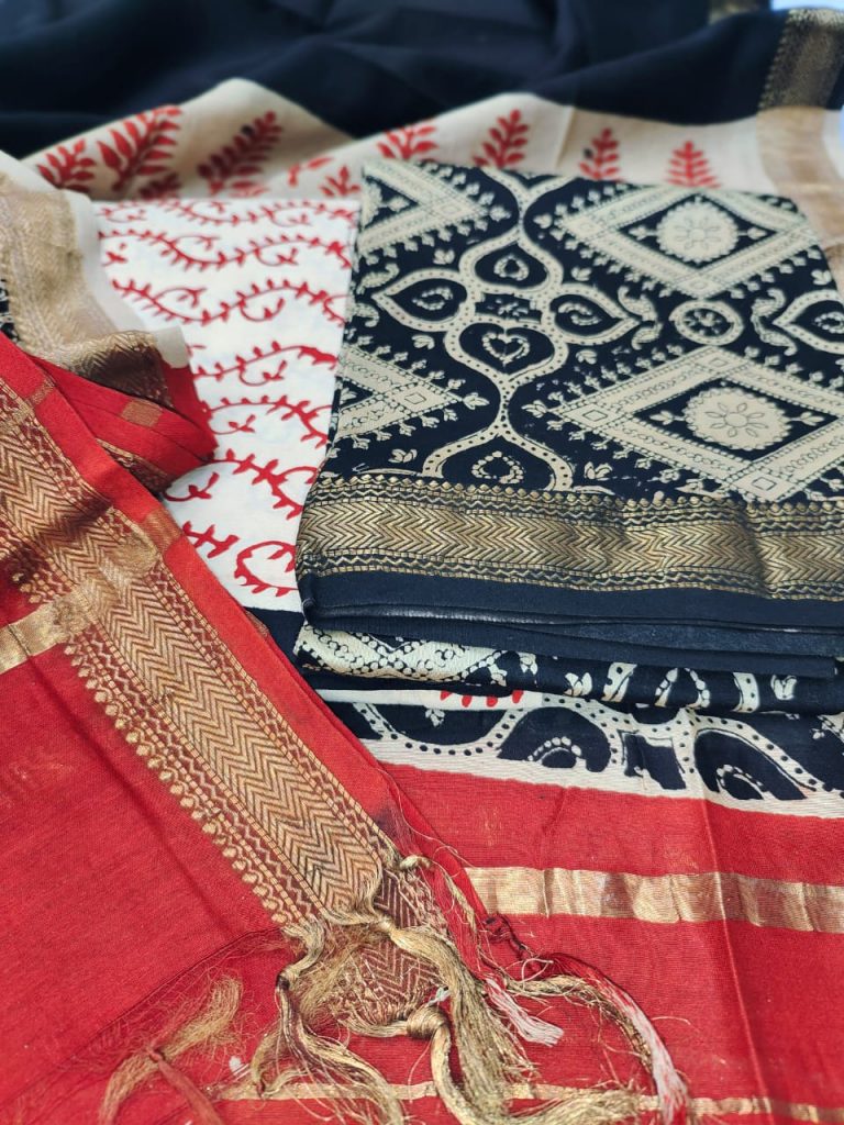 Crimson and Blue maheshwari silk suit set with cotton pajama