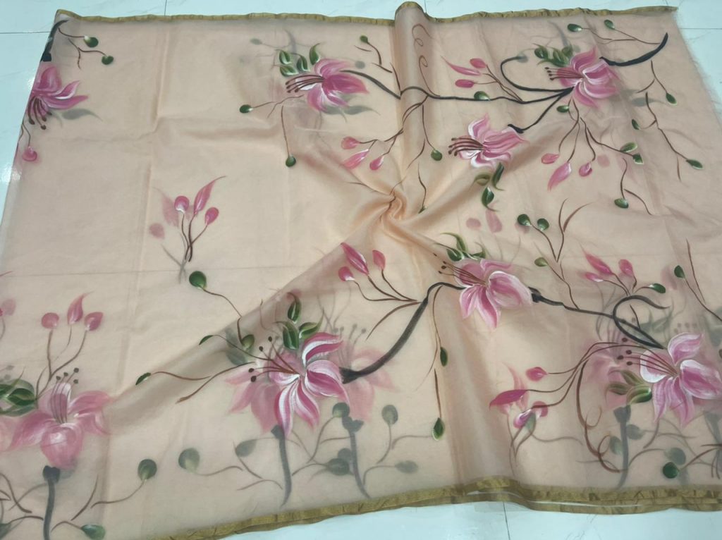 Peach organza silk banarasi saree with blouse