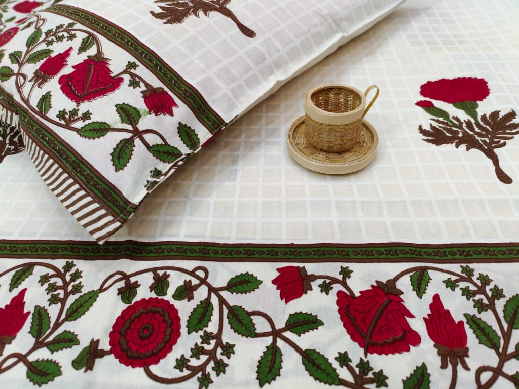 Khadi print White cotton floral bed sheet with pillow cover