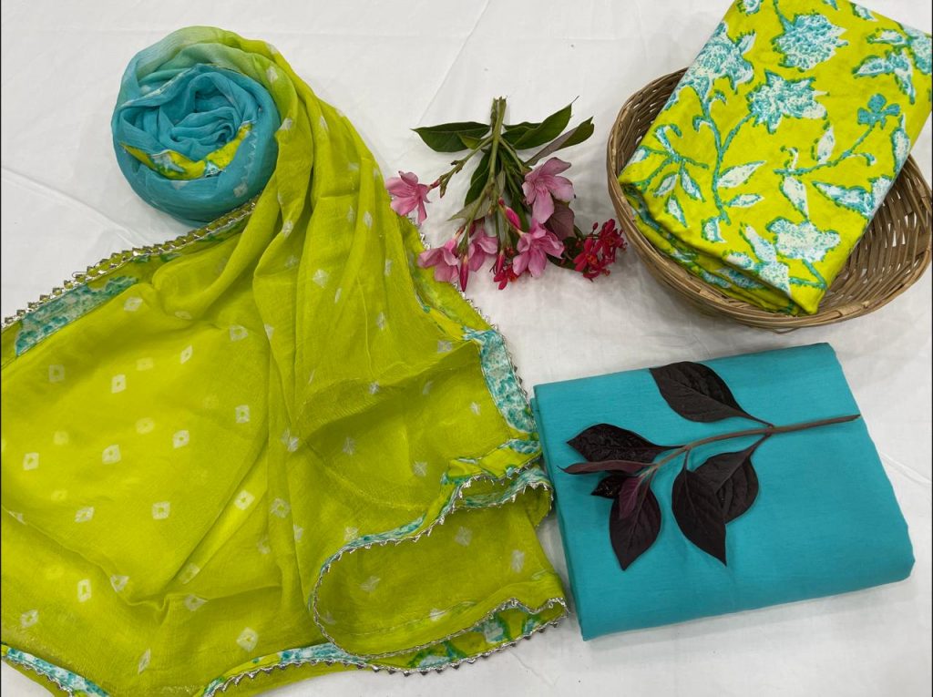 Lime and azure cotton salwar suit set with Chiffon Bordered dupatta