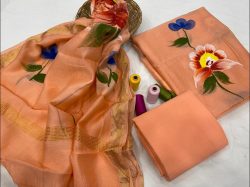 Medium Salmon Floral hand painted maheshwari silk suit set with dupatta