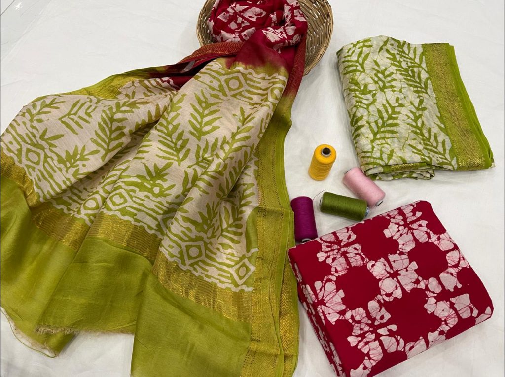 Lime and red  maheshwari silk suit set with dupatta