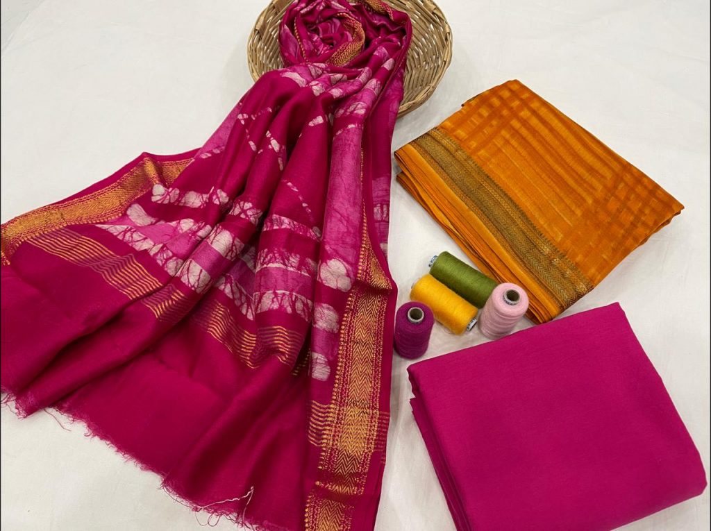 Amber and ruby Pure maheshwari silk suit set with cotton pajama
