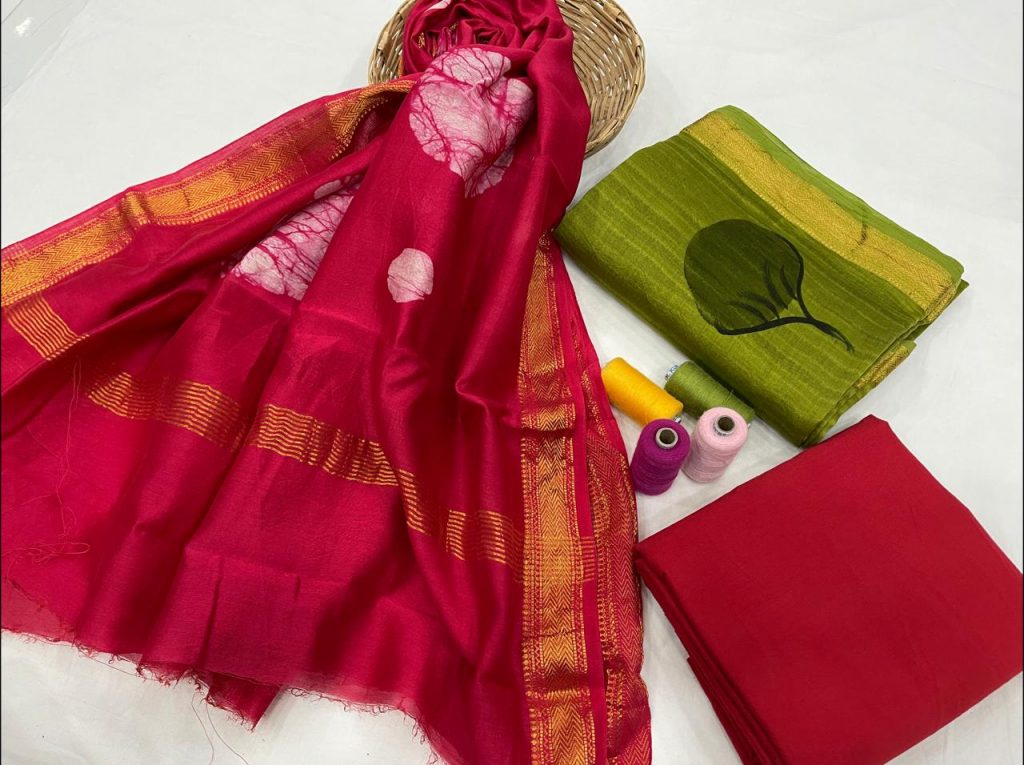 Jaipuri Ruby and Green maheshwari silk suit set with cotton pajama