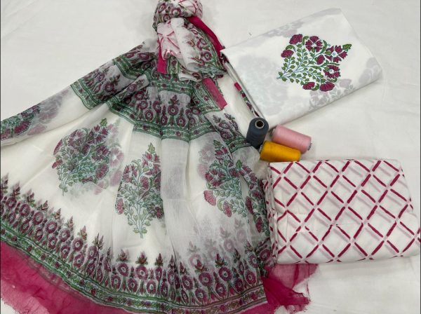 White cotton dress material with chiffon dupatta wholesale