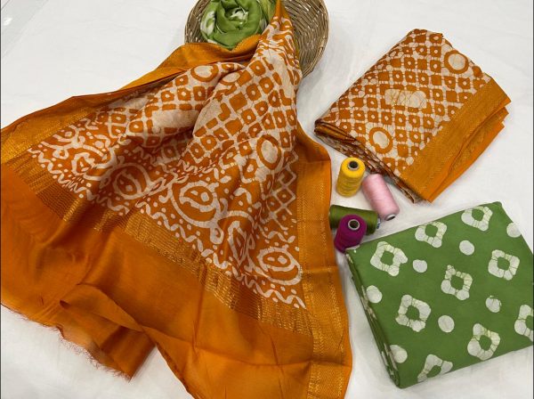 Marigold And green Pigment print maheshwari silk suit set with dupatta