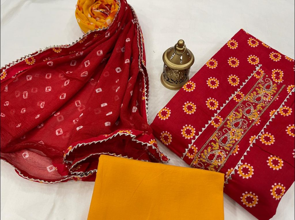Crimson and amber Cotton printed gota hand work suit set