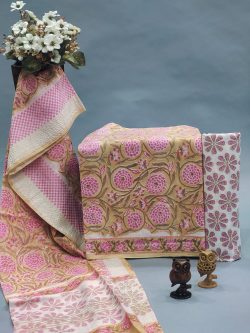 Apricot floral print chanderi cotton salwar suit set with dupatta