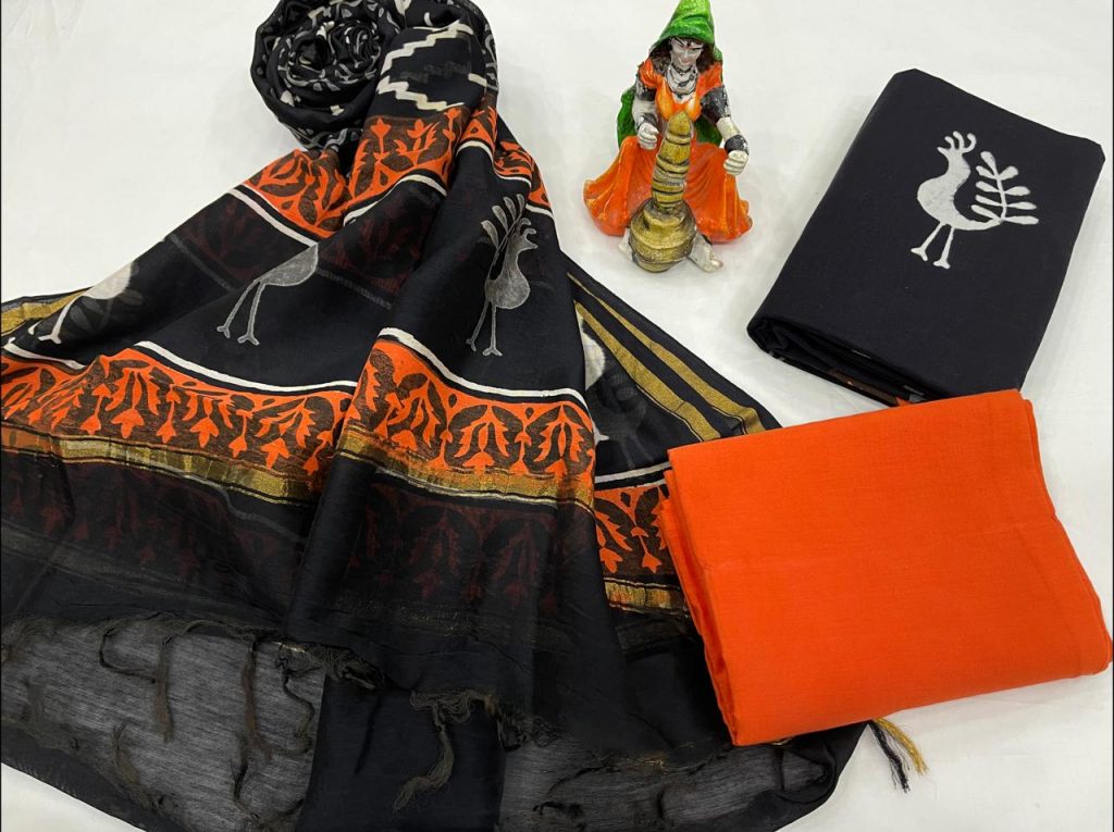 Black and orange cotton suit with chanderi dupatta