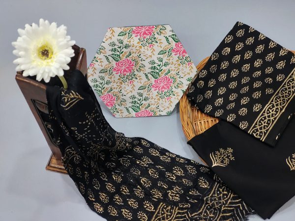 Black pigment print jaipuri cotton suits with chiffon dupatta