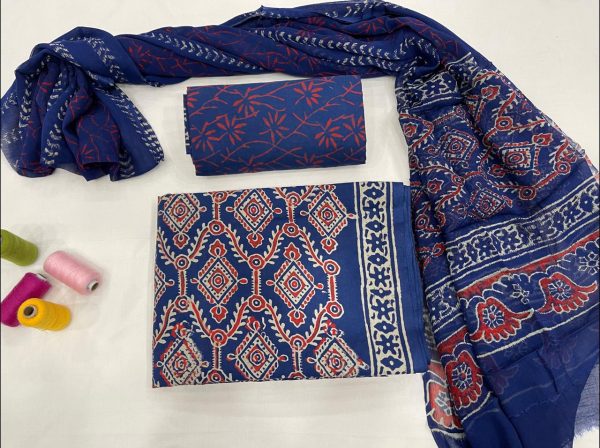 Blue Pigment print cotton salwar suits with chiffon dupatta