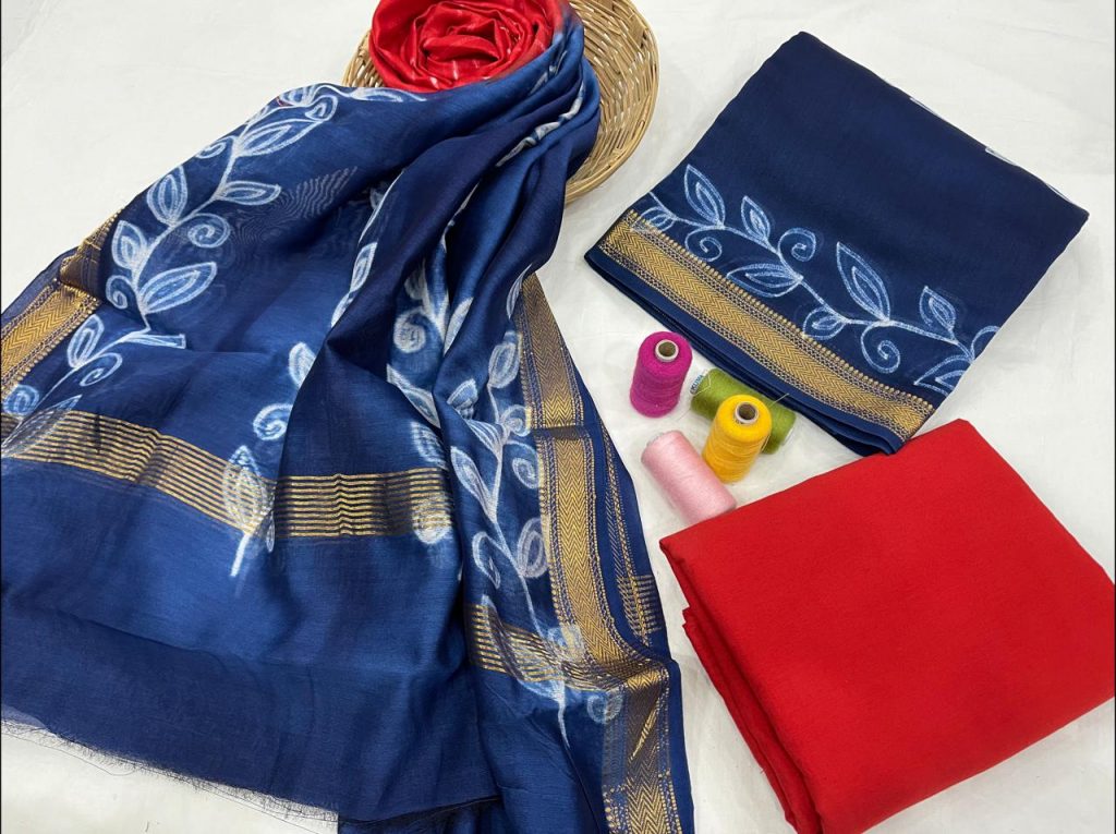 Blue maheshwari silk suit set with dupatta