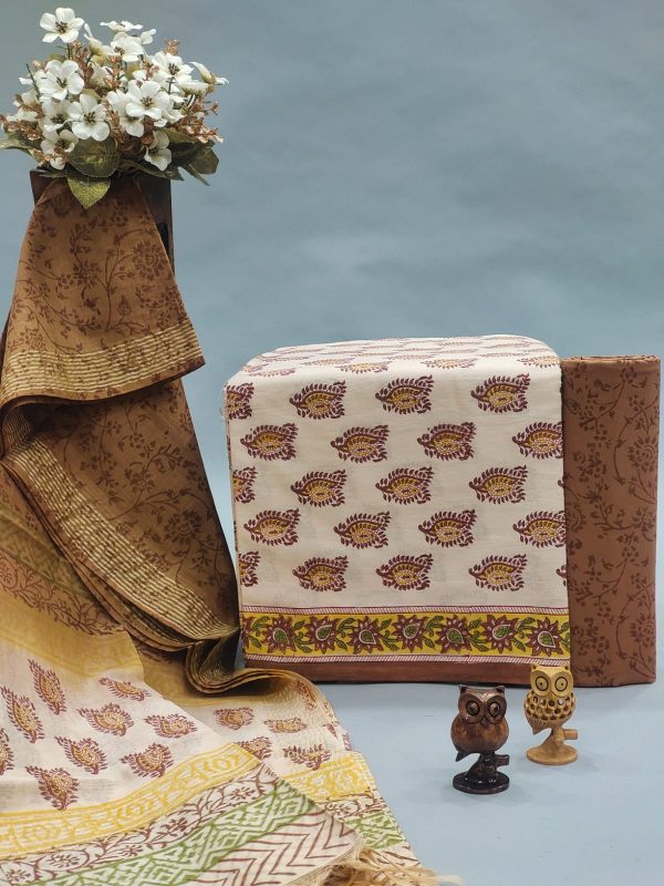 Brown floral print chanderi cotton salwar suit set with dupatta