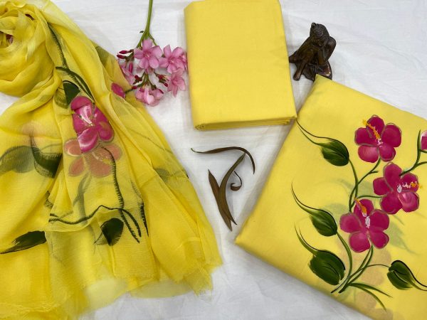 Yellow And Rouge cotton suit with chiffon dupatta
