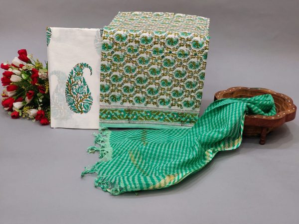 White and Pale Green Mugal print cotton suit with kota dupatta