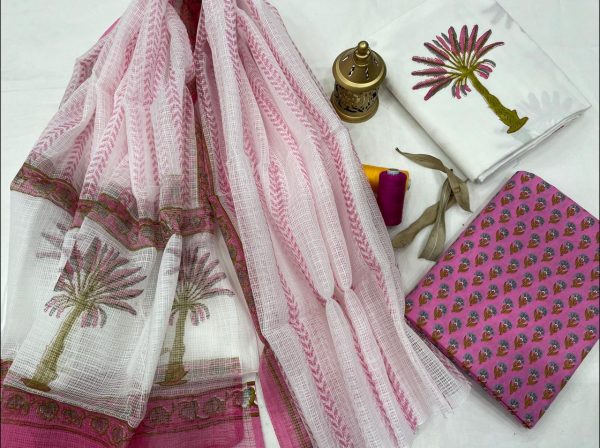 Pink and white cotton suit with kota doria dupatta set
