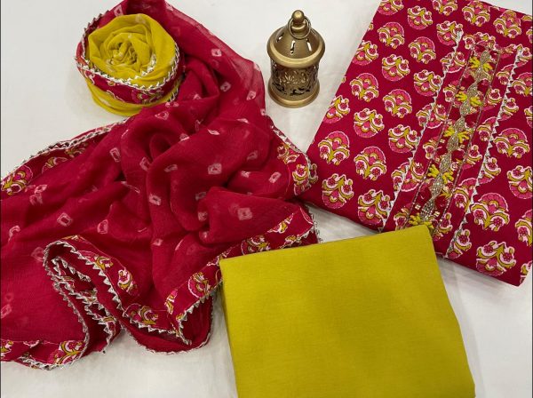 Red crimson and lime embroidered salwar suit dress material
