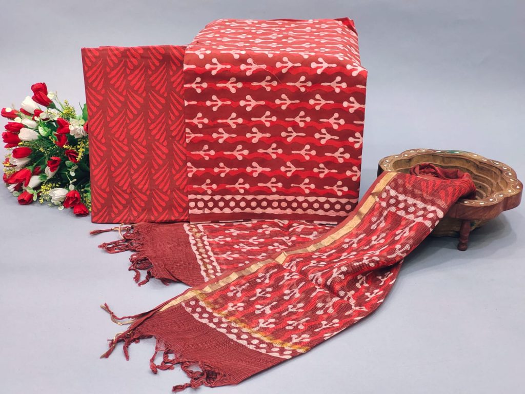 Crimson Mugal print cotton suit with kota dupatta