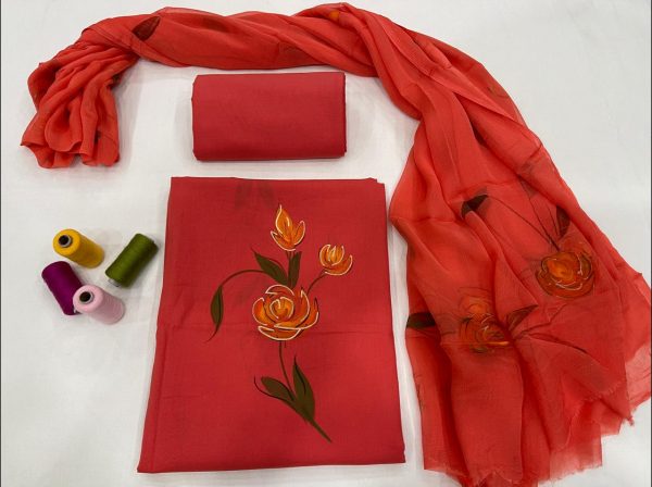 Japanese Crimson dress material with chiffon dupatta wholesale