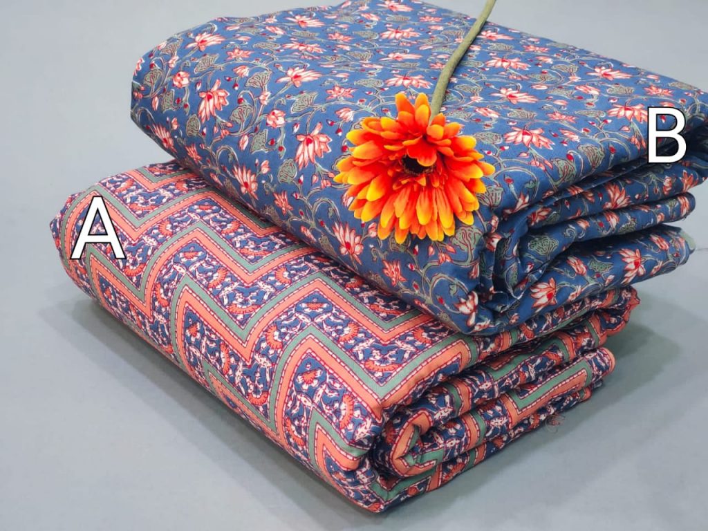 Blue and coral Jaipuri cotton running material set