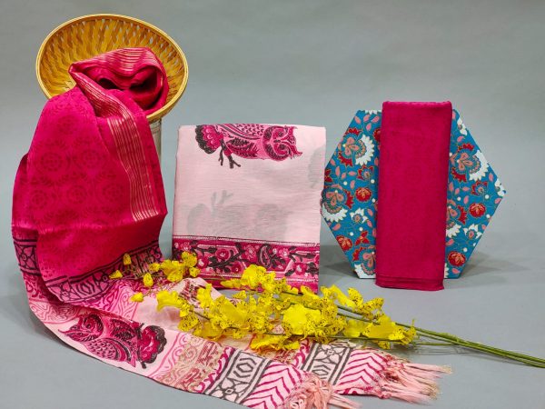 Pink chanderi cotton salwar suit set with dupatta