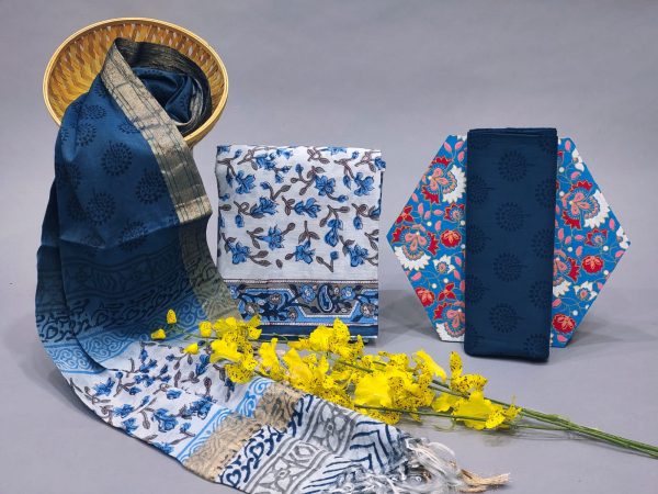 Blue floral print Cotton suit with chanderi cotton dupatta