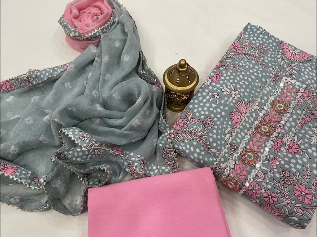 Gray and Pink Cotton printed gota hand work suit set